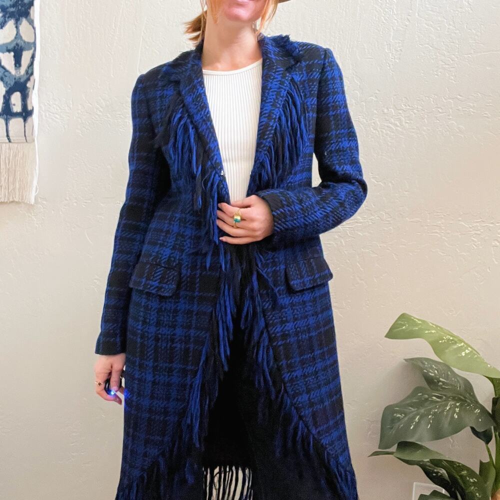 Vintage 100% Wool Blue Plaid Fringe Longline Blazer Jacket Coat - Picture 3 of 8